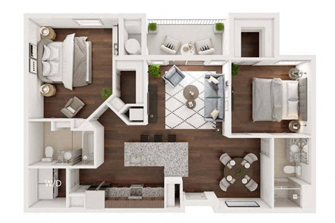 Floor plan for 2 beds, 2 baths, 1033 sqft