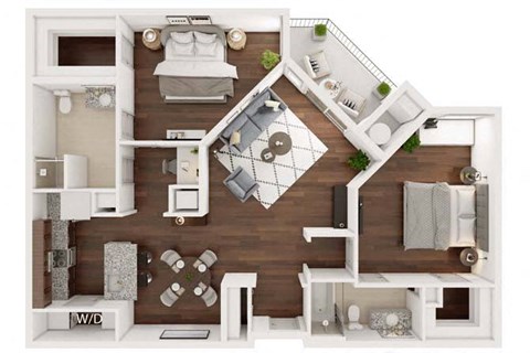 Floor plan for 2 beds, 2 baths, 1157 sqft