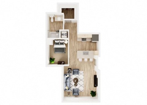 Floor plan for 1 bed, 1 bath, 735 sqft
