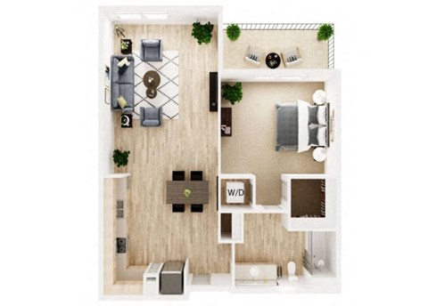 Floor plan for 1 bed, 1 bath, 796 sqft