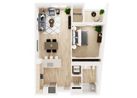 Floor plan for 1 bed, 1 bath, 734 sqft
