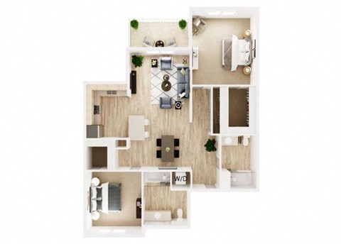 Floor plan for 2 beds, 2 baths, 1073 sqft