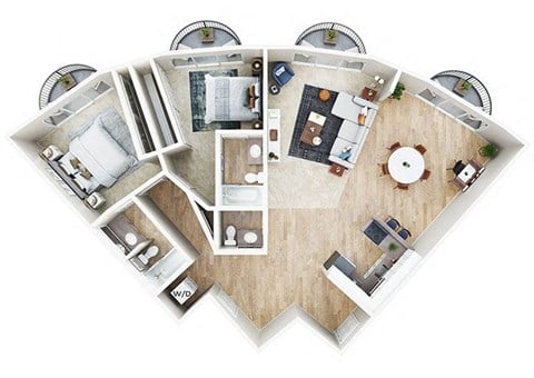 Floor plan for 2 beds, 2 baths, 1305 sqft