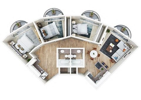 Floor plan for 3 beds, 2 baths, 1288 sqft