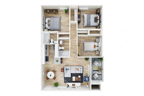 Floor plan for 3 beds, 2 baths, 1040 sqft