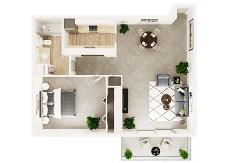 Floor plan for 1 bed, 1 bath, 740 sqft