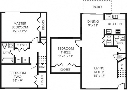 Floor plan for 3 beds, 1.5 baths, 1248 sqft