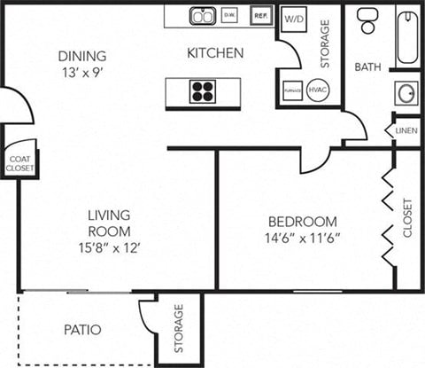 Floor plan for 1 bed, 1 bath, 803 sqft