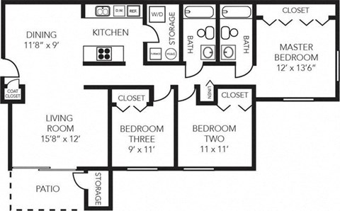 Floor plan for 3 beds, 2 baths, 1051 sqft