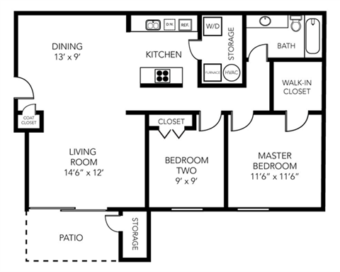 Floor plan for 2 beds, 1 bath, 883 sqft