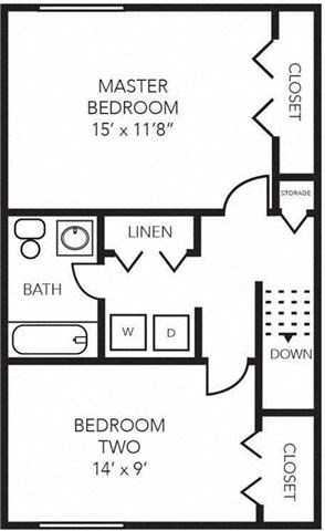 Floor plan for 2 beds, 1.5 baths, 1080 sqft