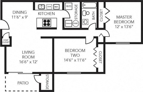 Floor plan for 2 beds, 1 bath, 971 sqft