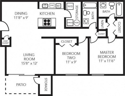 Floor plan for 2 beds, 2 baths, 931 sqft