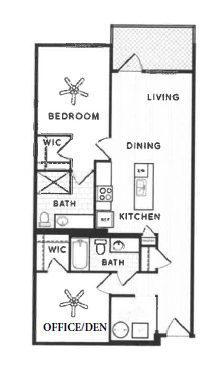 Floor plan for 1 bed, 2 baths, 1065 sqft