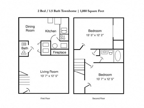 Floor plan for 2 beds, 1.5 baths, 1080 sqft