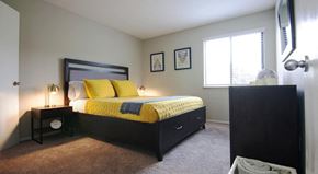 Carmel apartment for rent - a bedroom with a bed and a dresser and a window