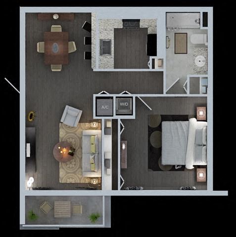 Floor plan for 1 bed, 1 bath, 673 sqft