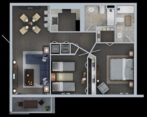 Floor plan for 2 beds, 2 baths, 906 sqft