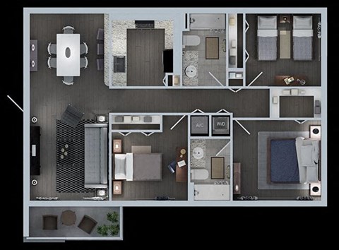 Floor plan for 3 beds, 2 baths, 1028 sqft