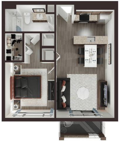 Floor plan for 1 bed, 1 bath, 615 sqft