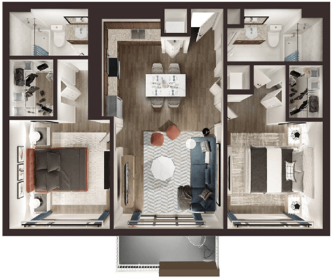Floor plan for 2 beds, 2 baths, 900 sqft
