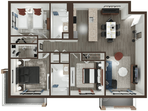 Floor plan for 3 beds, 2 baths, 1167 sqft
