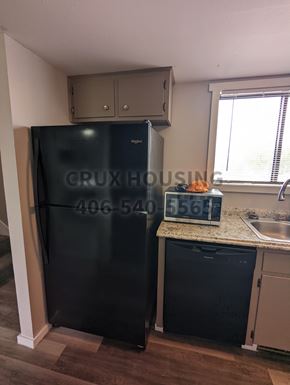 Great Falls apartment for rent - A kitchen with a black fridge and a window with blinds.