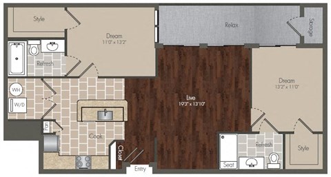 Floor plan for 2 beds, 2 baths, 1086 sqft
