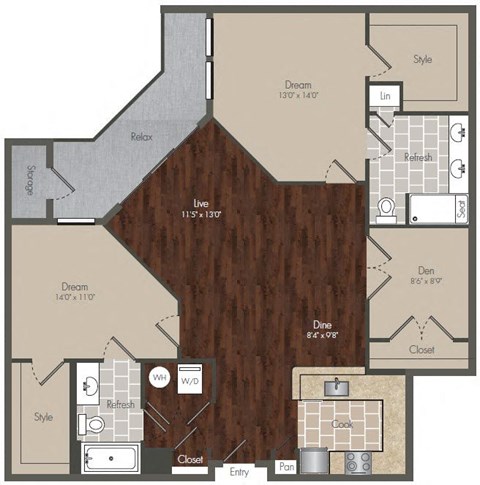 Floor plan for 2 beds, 2 baths, 1223 sqft