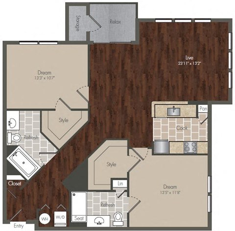 Floor plan for 2 beds, 2 baths, 1165 sqft
