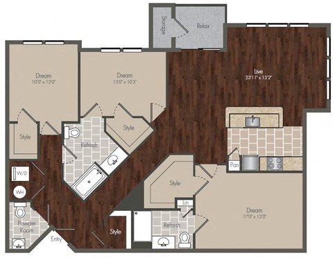 Floor plan for 3 beds, 2.5 baths, 1528 sqft