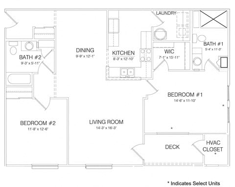 Floor plan for 2 beds, 2 baths, 1356 sqft