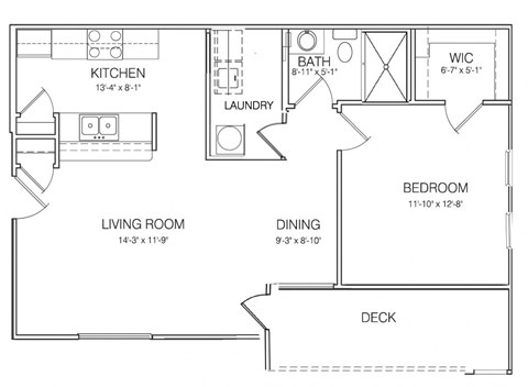 Floor plan for 1 bed, 1 bath, 950 sqft
