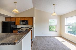 Burlington apartment for rent - A kitchen with a black refrigerator and a black microwave.