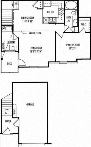 Floor plan for 1 bed, 1 bath, 882 sqft
