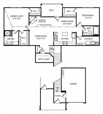 Floor plan for 2 beds, 2 baths, 1390 sqft