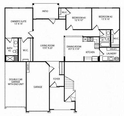 Floor plan for 3 beds, 2 baths, 1554 sqft