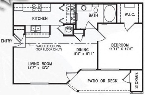 Floor plan for 1 bed, 1 bath, 740 sqft