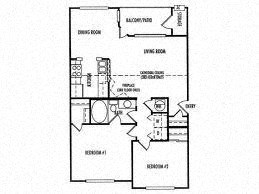 Floor plan for 2 beds, 1 bath, 900 sqft