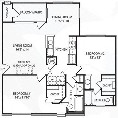 Floor plan for 2 beds, 2 baths, 1033 sqft