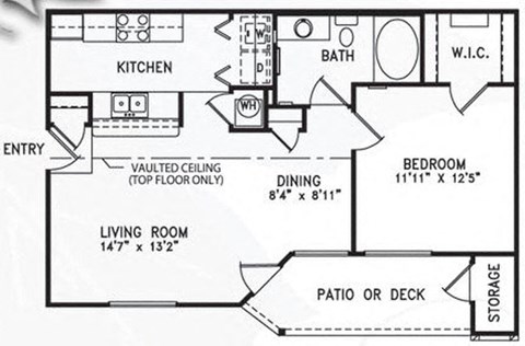 Floor plan for 1 bed, 1 bath, 850 sqft