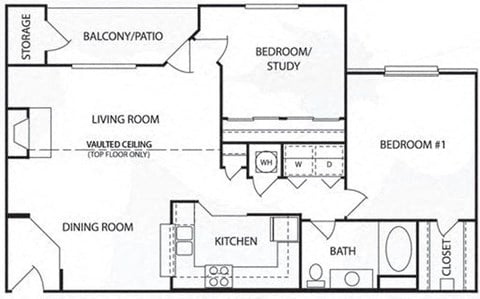Floor plan for 2 beds, 1 bath, 1068 sqft