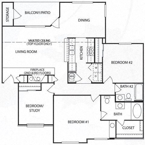 Floor plan for 3 beds, 2 baths, 1380 sqft