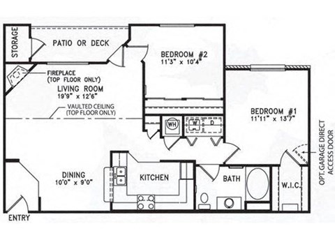 Floor plan for 2 beds, 1 bath, 1068 sqft