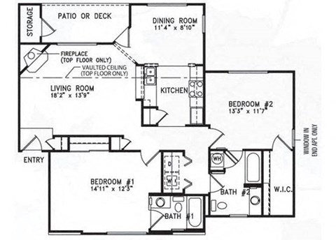 Floor plan for 2 beds, 2 baths, 1228 sqft