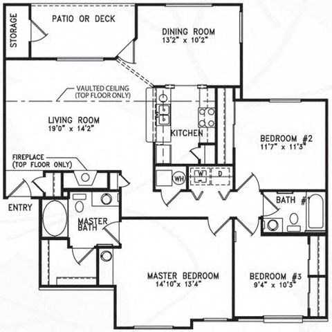 Floor plan for 3 beds, 2 baths, 1380 sqft