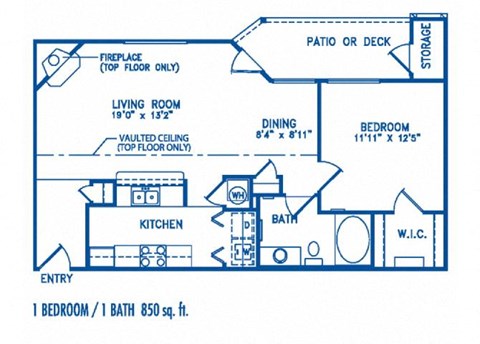 Floor plan for 1 bed, 1 bath, 850 sqft