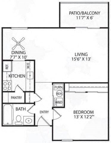 Floor plan for 1 bed, 1 bath, 700 sqft