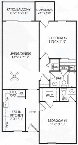 Floor plan for 2 beds, 1.5 baths, 950 sqft