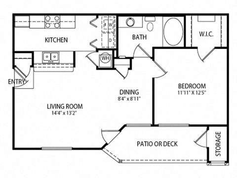 Floor plan for 1 bed, 1 bath, 750 sqft